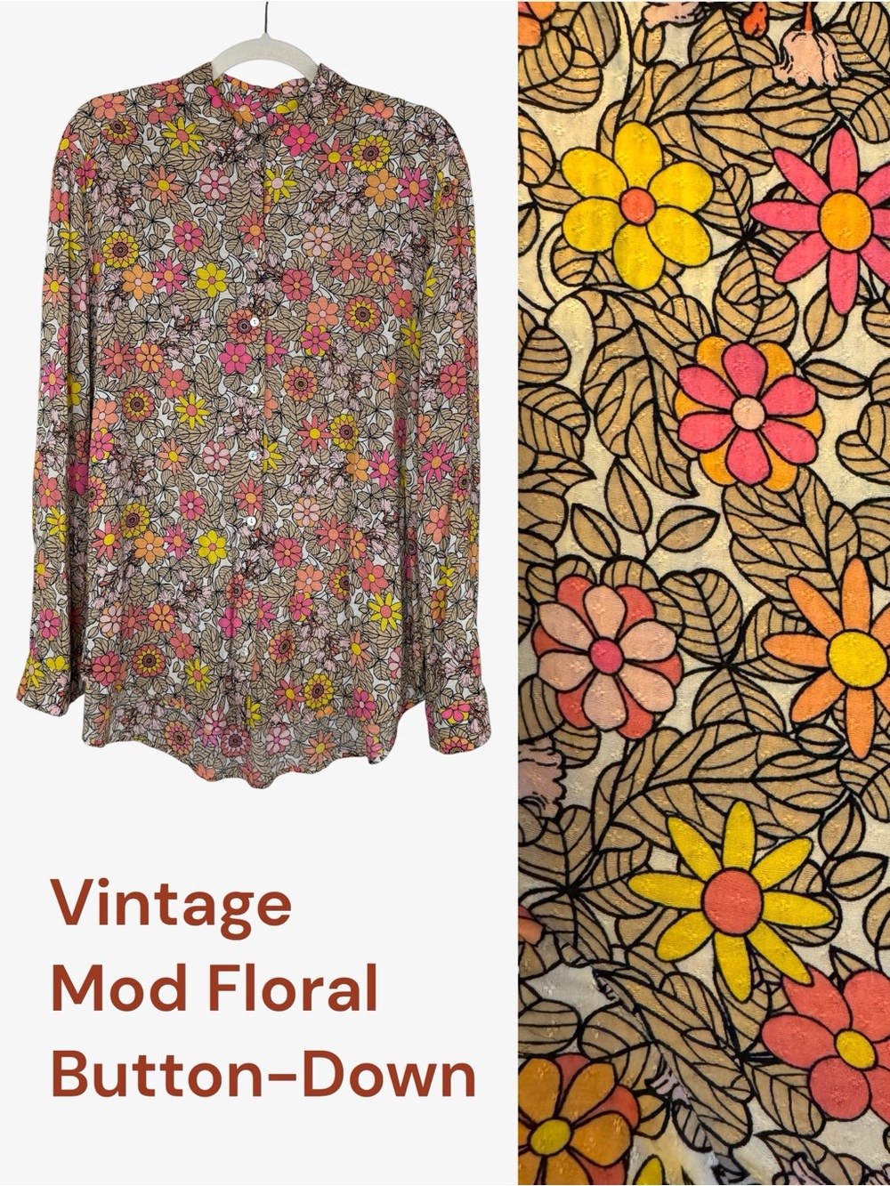 Vintage mod floral long sleeve button-down top XL whimsical colorful 70s retro
